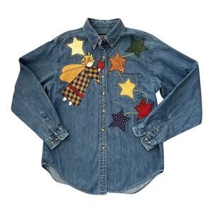 Vintage 90s Lands' End Christmas Americana Embroidered Patchwork  Denim Shirt M